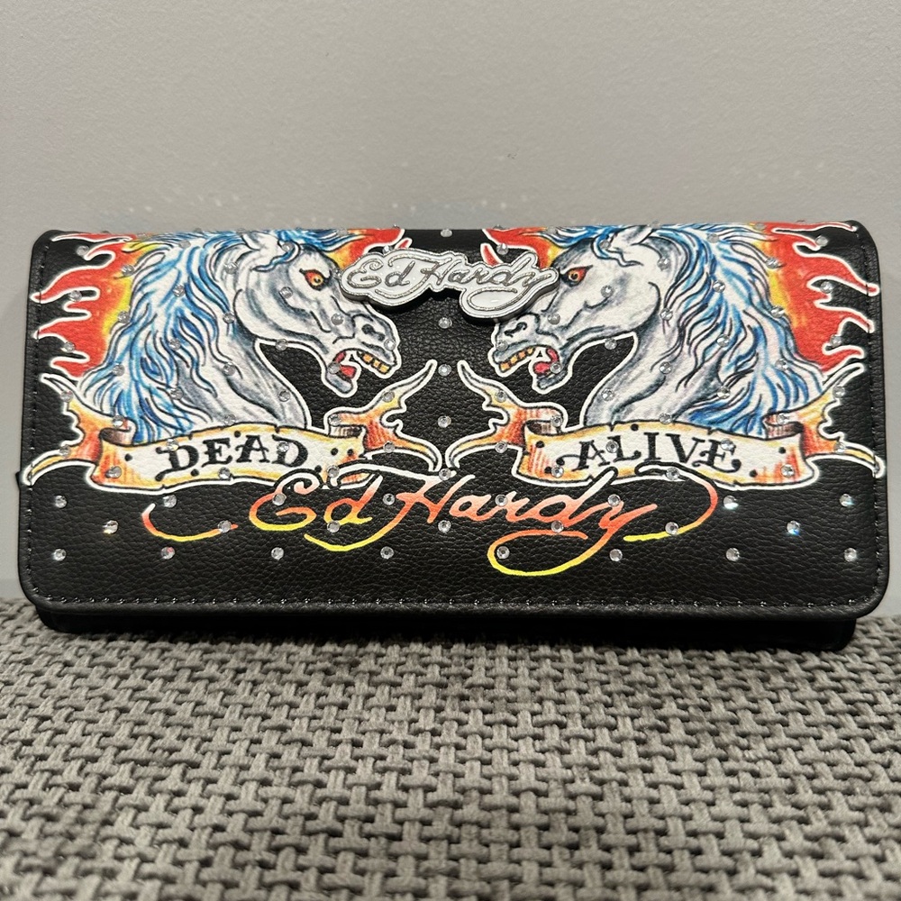 Ed Hardy Black Wallet with Colorful Horse Artwork